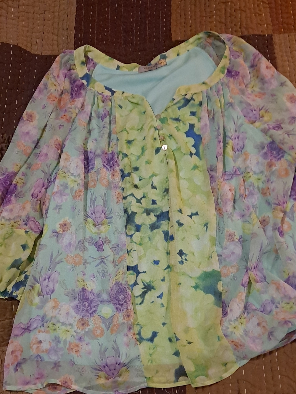 Sheer Floral Peasant Blouse in Mint and Lavender